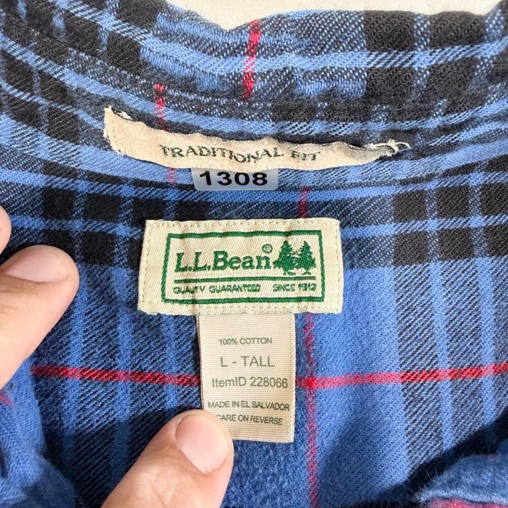 L.L.Bean Flannel Shirt Mens L-TALL Blue Black Red Plaid Traditional Fit - Picture 3 of 6